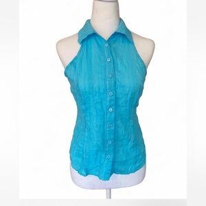 Vintage Cotton Blue Sleeveless Button-Up Women's Top